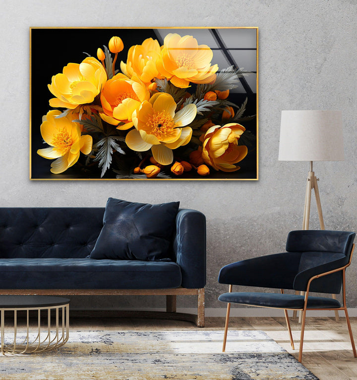 Yellow Peony Bouquet Glass Wall Art, glass image printing, glass prints from photos