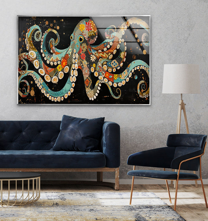 Ethnic Patterned Octopus Glass Wall Art glass art painting, glass art for the Wall
