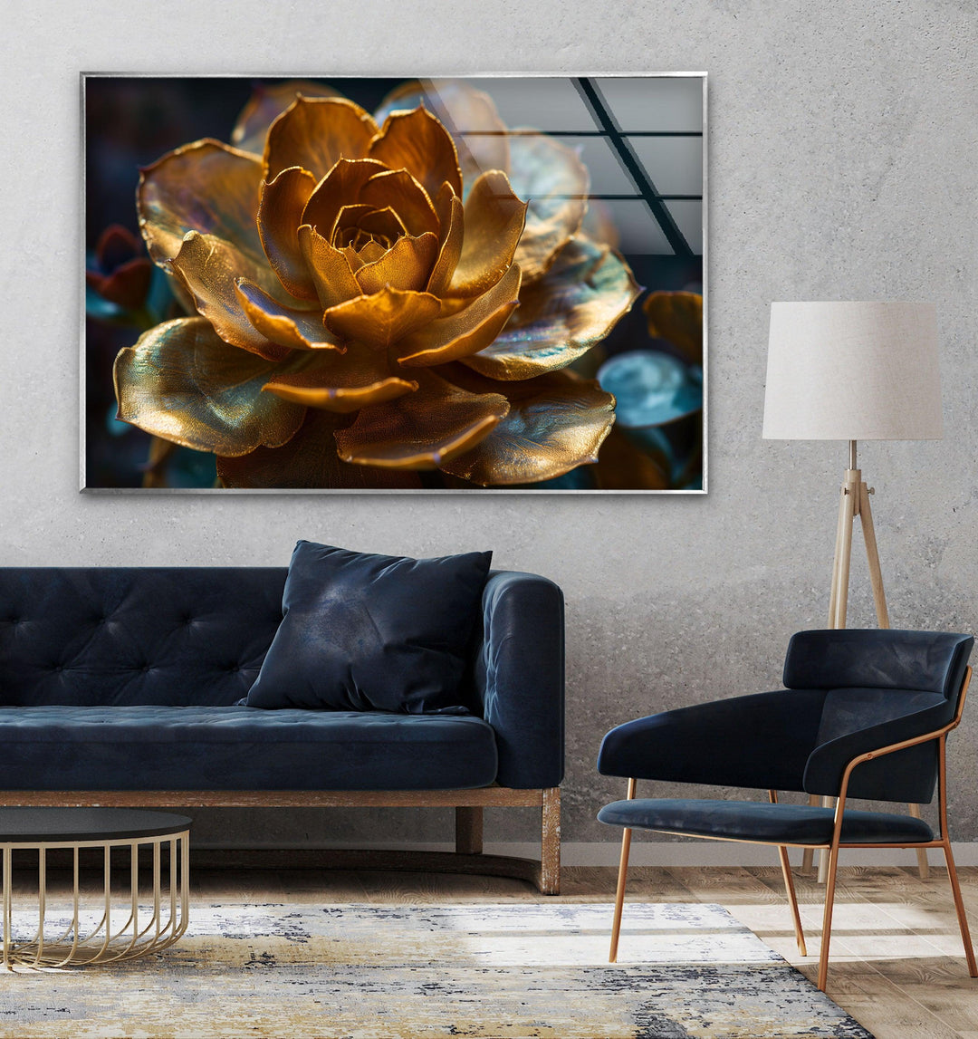 Golden Flower Glass Wall Art, glass pictures for Wall, glass prints wall art
