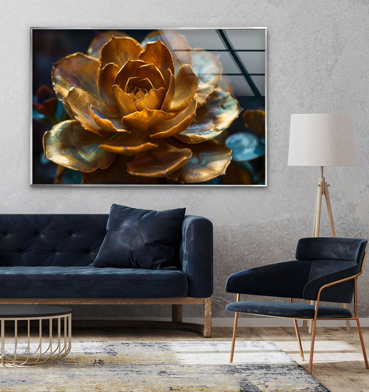 Golden Flower Glass Wall Art, glass pictures for Wall, glass prints wall art