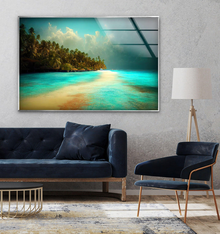 Idyllic island escape with sunlit palm trees and a serene seashore.
