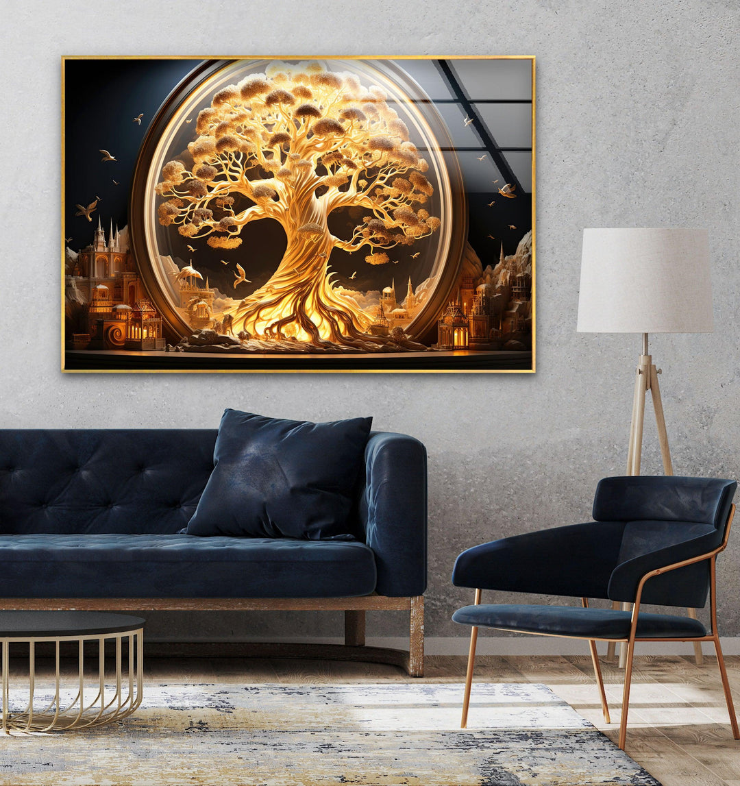 Luxurious gold-toned tree of life decor for a sophisticated ambiance.
