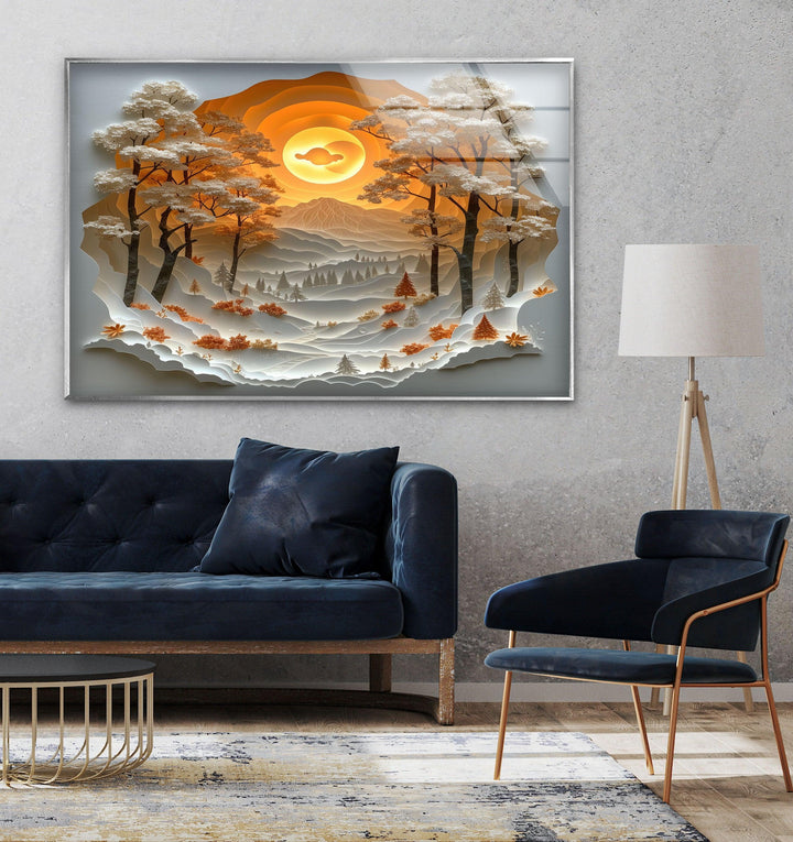 Nature-inspired glass art with a warm sunset and layered tree silhouettes.

