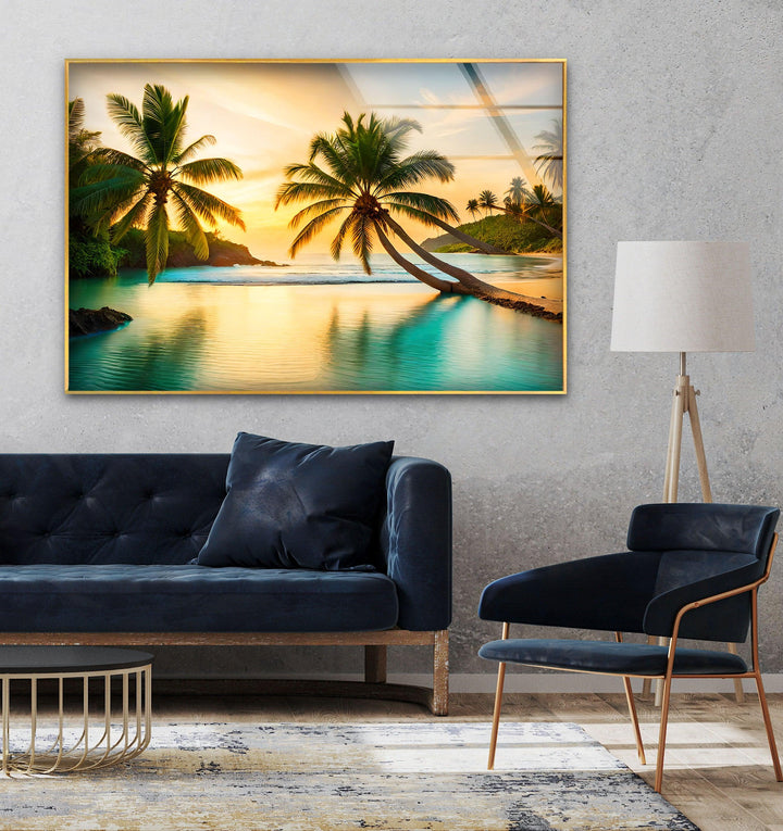 Relaxing seaside artwork with tropical vibes and warm tones.
