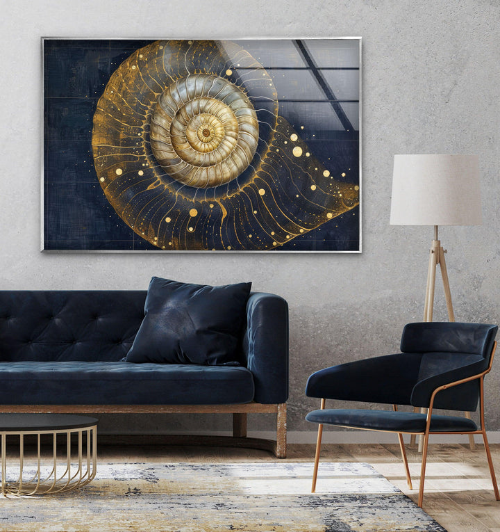 Goldglänzendes Schneckenhaus-Wandbild aus Glas