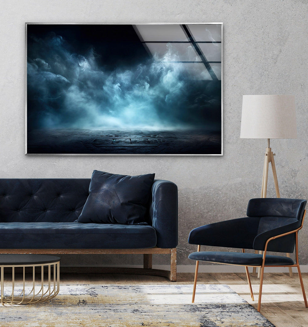 Atmospheric fog rolling over a shadowy terrain, captured in high-definition glass wall art.
