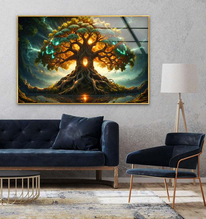 Glowing Yggdrasil Tree Glass Wall Art, glass image printing, glass prints from photos