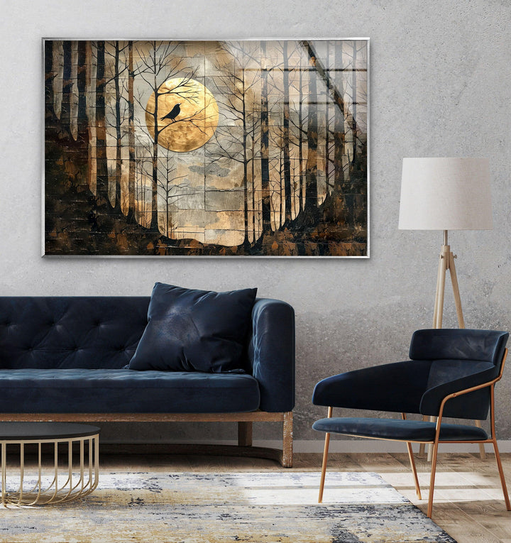 A moody landscape of tall trees, a mysterious bird, and a golden-hued night sky.
