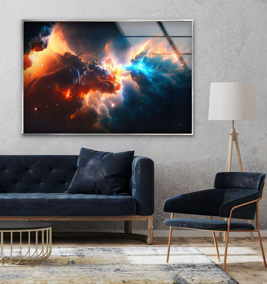 Space wall art nebula galaxy glass wall art shows glossy colorful space art and celestial design and is perfect wall decor