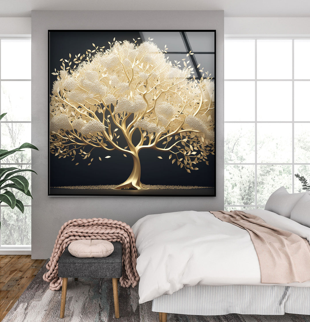 With striking depth and layered elements, these elegant golden tree glass wall art prints showcase shimmering foliage against a profound dark setting.