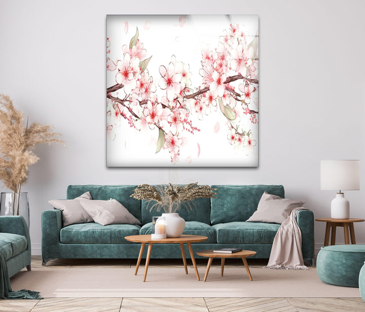 Watercolor Cherry Blossoms Glass Wall Art, custom glass pictures, glass art prints