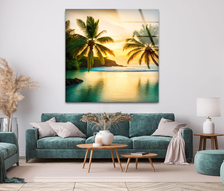 Beautiful glass wall art of a tropical island paradise.
