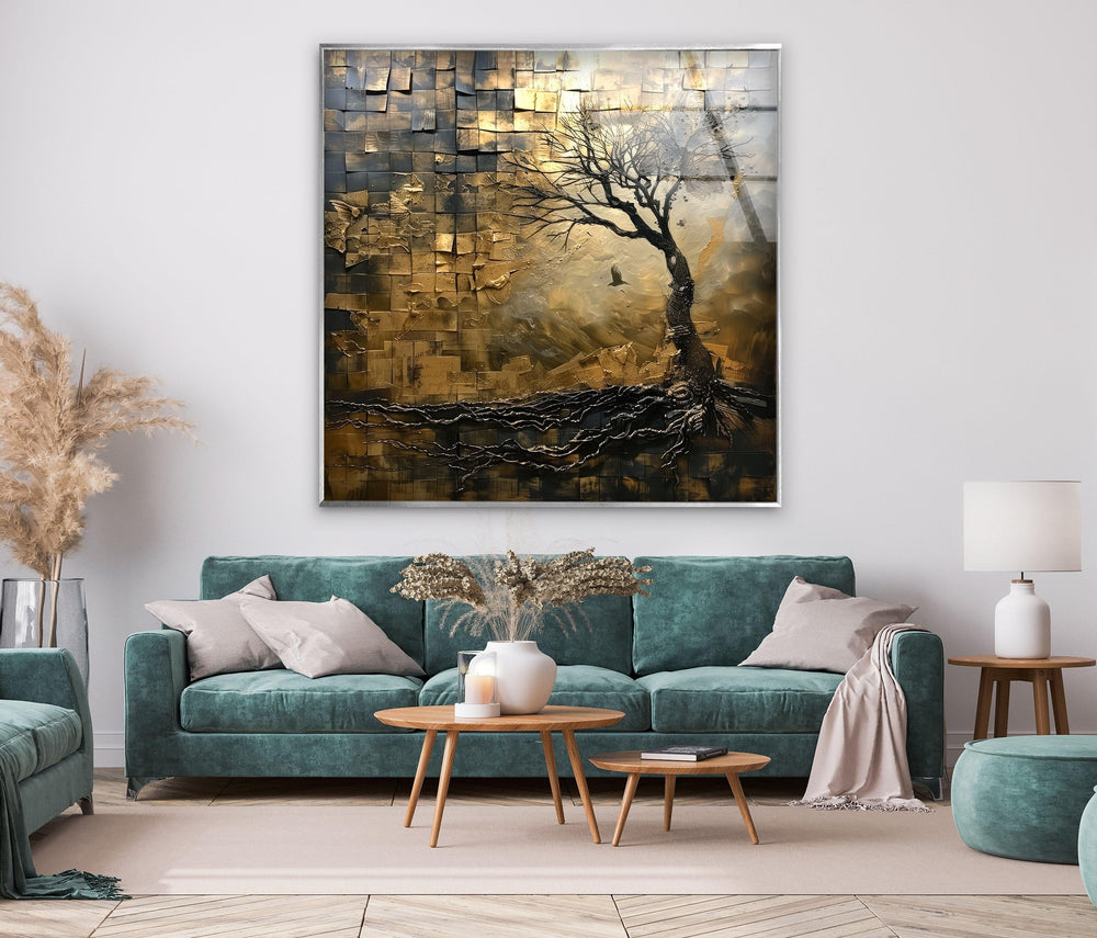 Faded Forest golden abstract glass wall art features a desolate tree with intricate roots against a textured, golden abstract background.