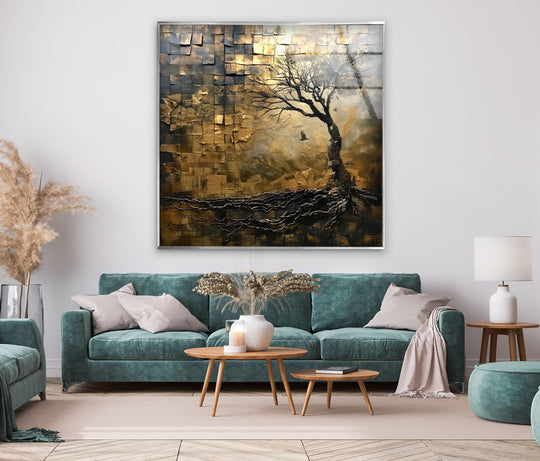Faded Forest with golden hues is abstract glass wall art and art prints for a luxurious look featuring a tree motif and forest wall art for timeless decor