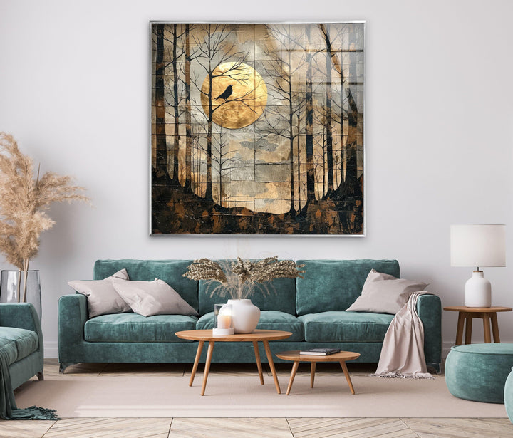 Dramatic night forest artwork featuring a crow and a luminous full moon.
