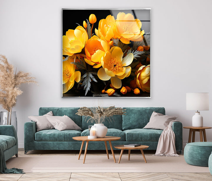 Yellow Peony Bouquet Glass Wall Art, glass art painting, glass art for the Wall