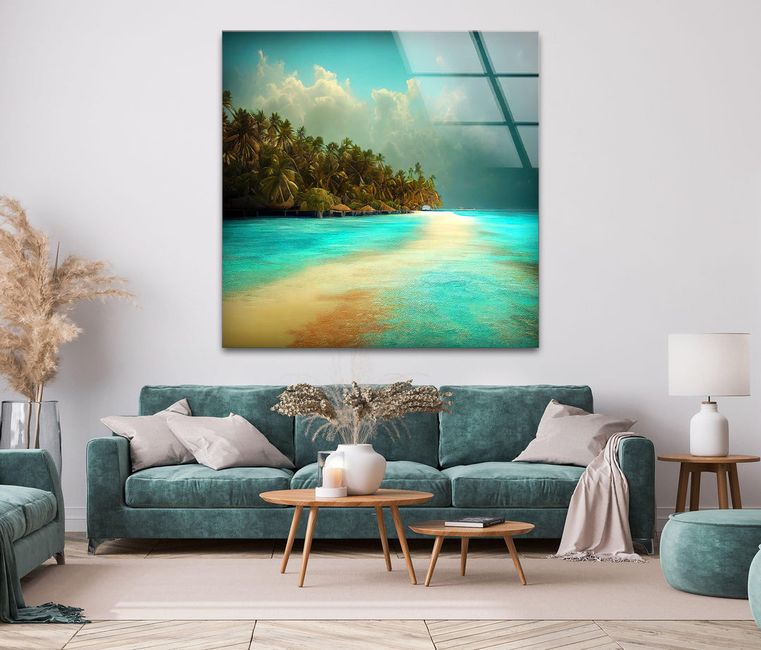 Coastal paradise glass art print showcasing vibrant tropical scenery.
