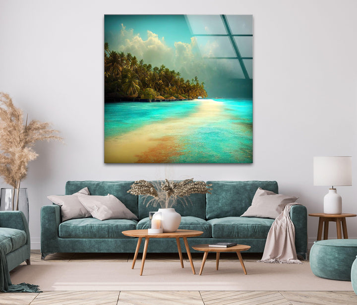 Coastal paradise glass art print showcasing vibrant tropical scenery.
