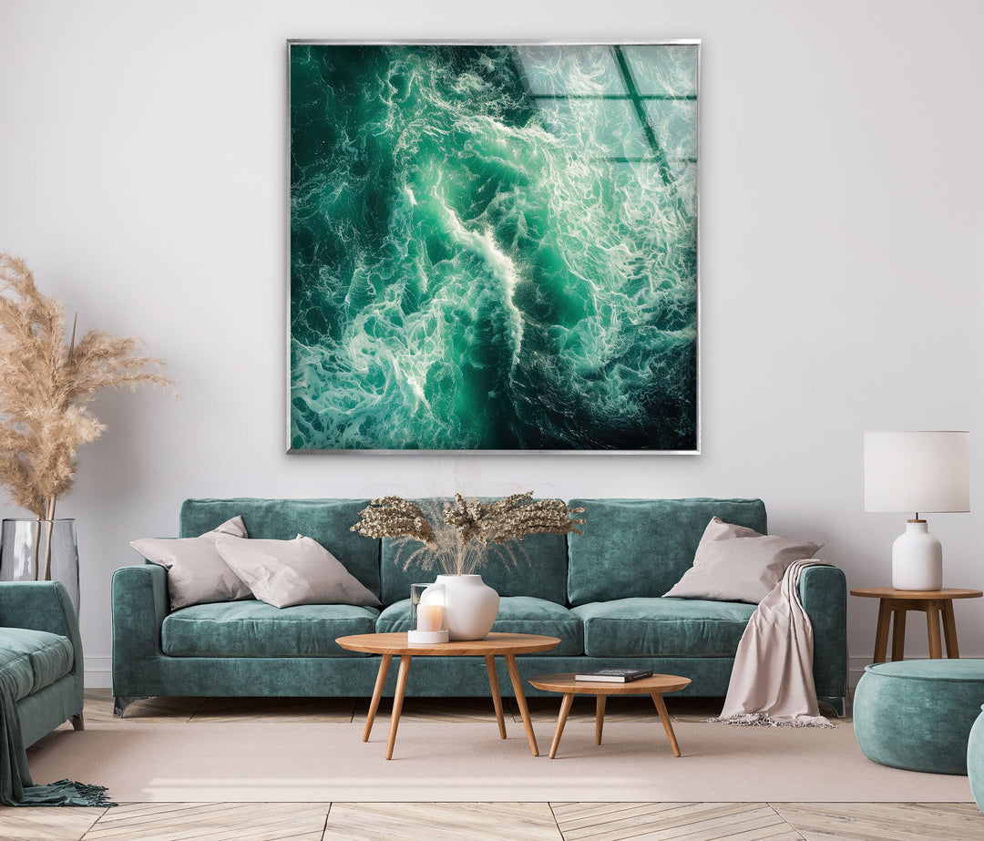 Large landscape wall art of crashing ocean waves in vivid detail.
