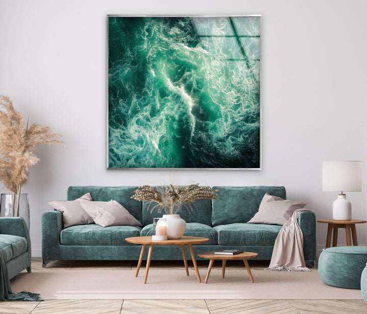 Large landscape wall art of crashing ocean waves in vivid detail.
