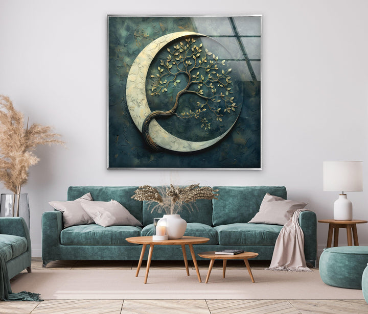 A stunning glass wall art featuring a crescent moon and tree, evoking a sense of peace and wonder.