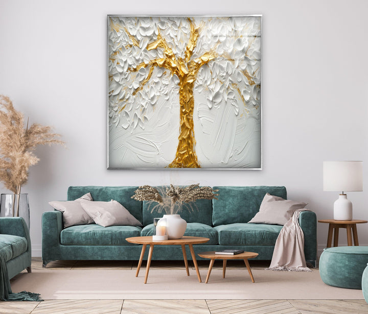 Golden Tree With White Flower Glass Wall Art, Glass Printing Wall Art, Print photos on glass
