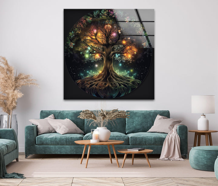 Glowing Life of Tree Glass Wall Art, custom glass pictures, glass art prints