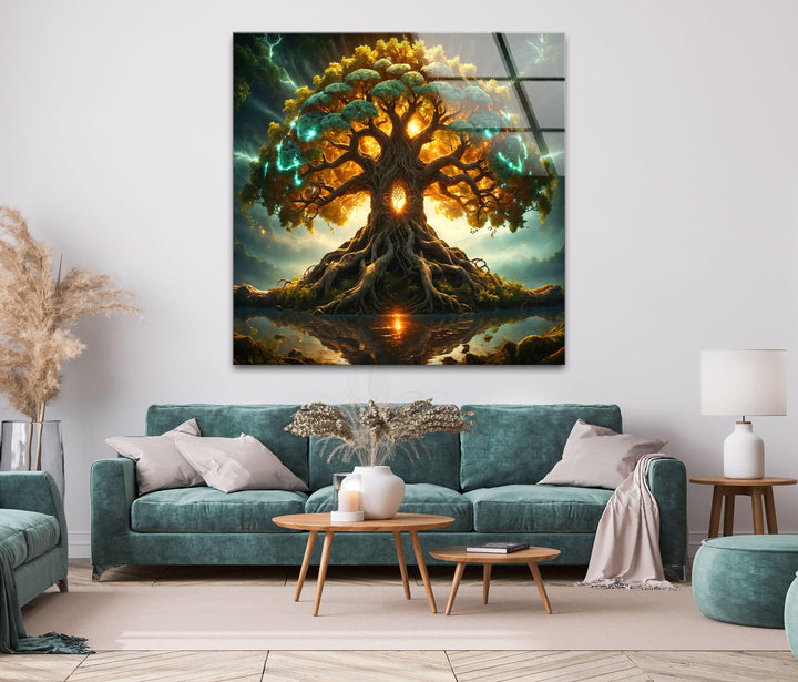 Glowing Yggdrasil Tree Glass Wall Art, glass photo prints, glass picture prints