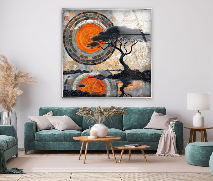 Mosaic Design and Old Tree Tempered Glass Wall Art