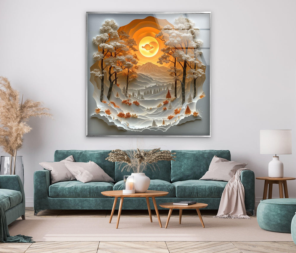 Dreamy landscape wall art capturing the beauty of a golden sunset over the mountains.
