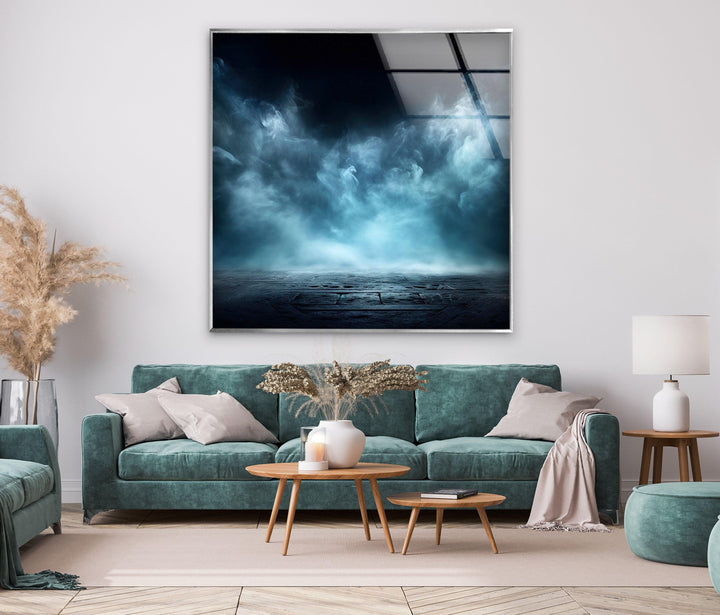 Surreal dark mist scene with dramatic lighting, printed on high-quality glass wall art.
