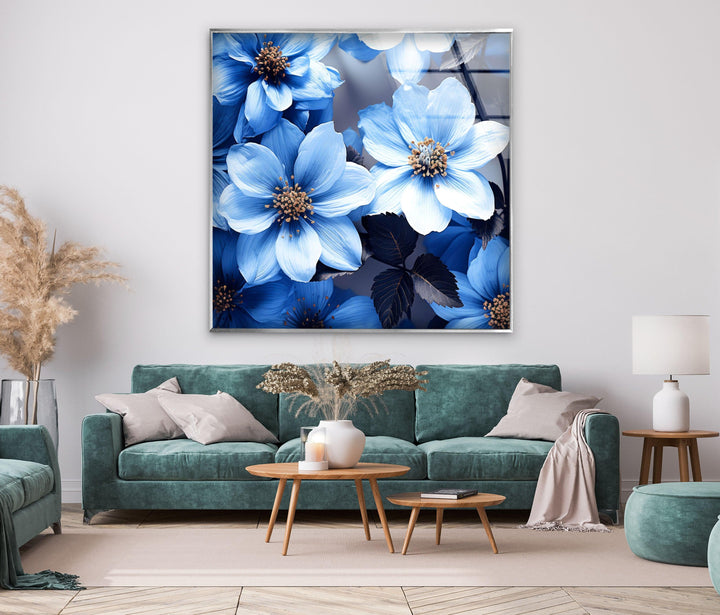 Botanical Blue Flower Glass Wall Art, large glass photo prints, glass wall photos