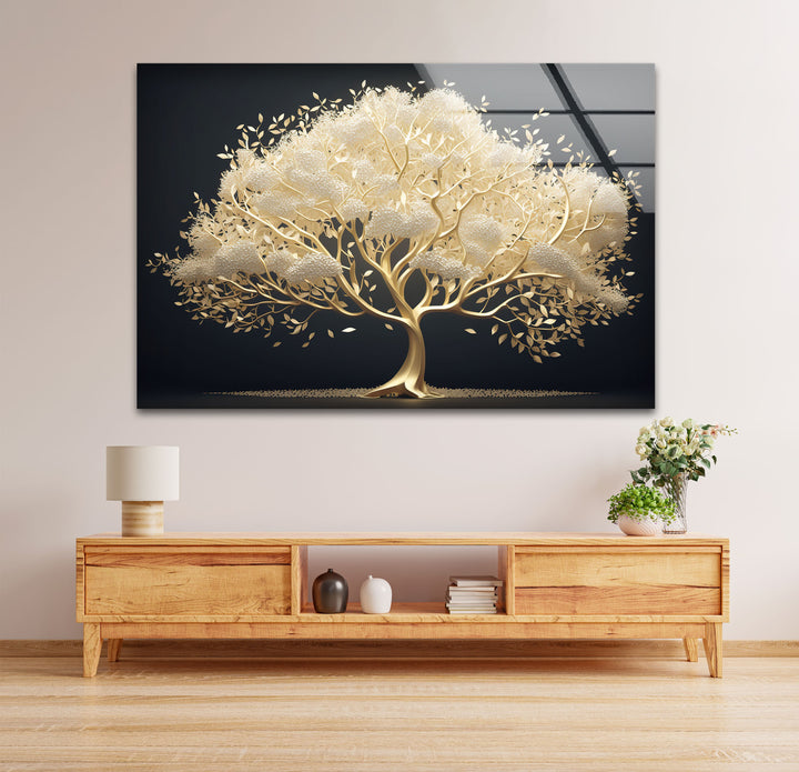 The sleek, reflective edges and defined borders of the Golden Serenity Tree Glass Wall Art make it perfect decorative wall art.