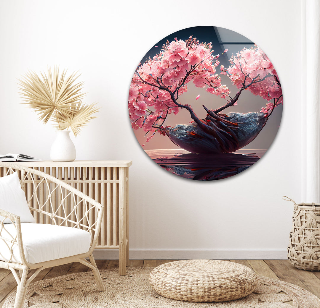 Japanese Abstract Pink Blossom Tree Glass Wall Art, art glass wall art, glass wall art pictures