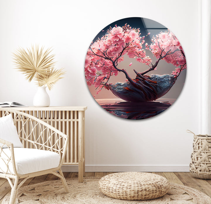 Japanese Abstract Pink Blossom Tree Glass Wall Art, art glass wall art, glass wall art pictures