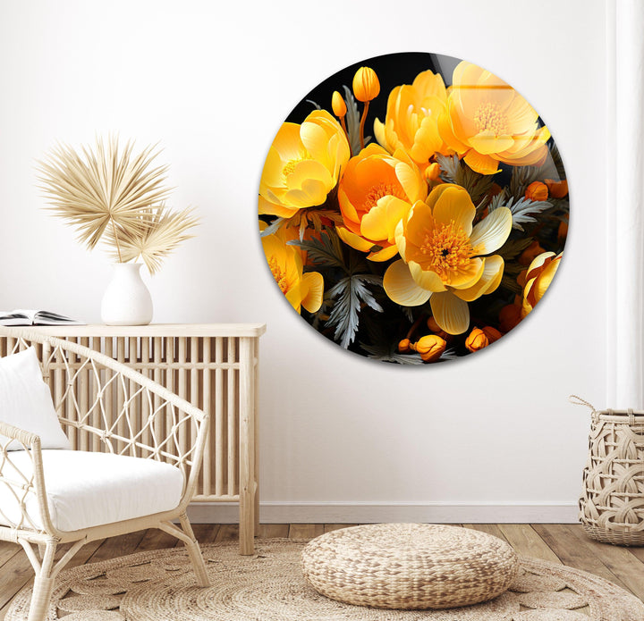 Yellow Peony Bouquet Glass Wall Art, art glass wall art, glass wall art pictures