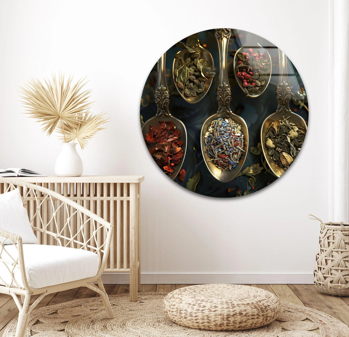 Reflecting light, the surface texture of this spices on rustic spoon art from glass shows a glossy sheen with tactile spoon and spice details.