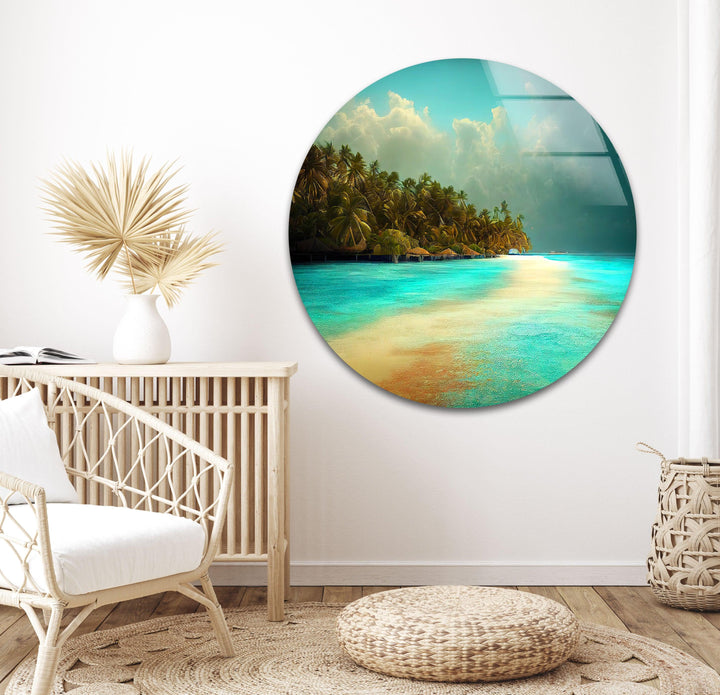 Palm tree-covered island with tranquil blue waters, captured in glass wall art.
