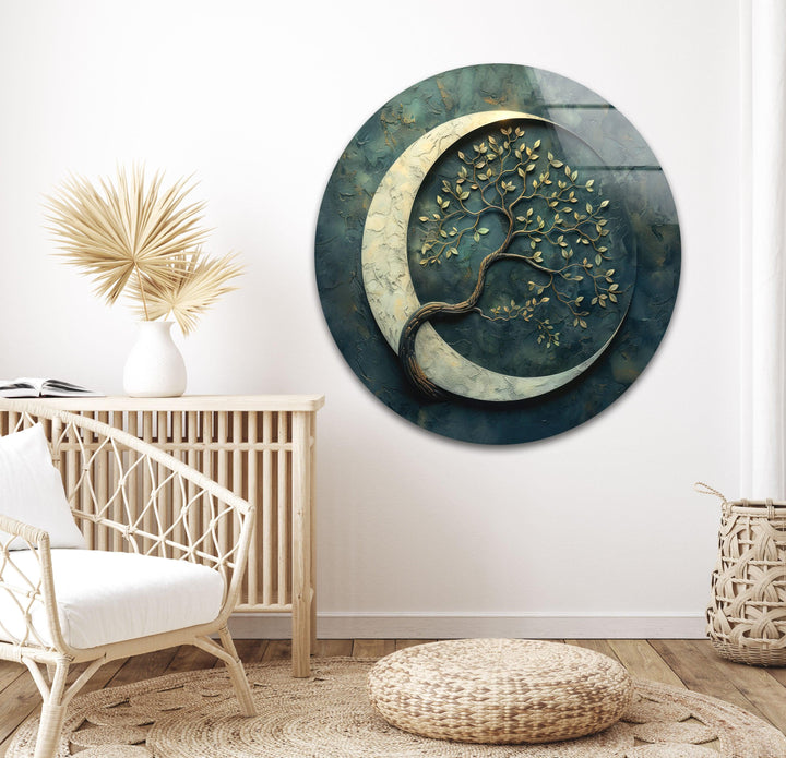 A powerful depiction of nature’s resilience, growing from the luminous embrace of the crescent moon.