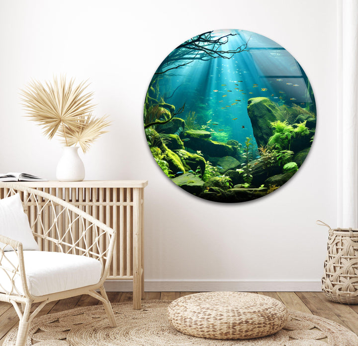 Dive into an aquatic paradise with this stunning underwater forest glass art.
