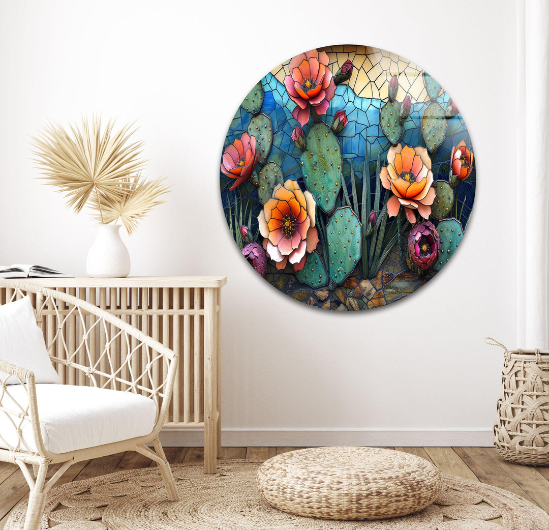 Decorazione murale floreale con cactus in fiore in mosaico – Decorazione del deserto Decorazione murale floreale con cactus in fiore in mosaico – Decorazione del deserto