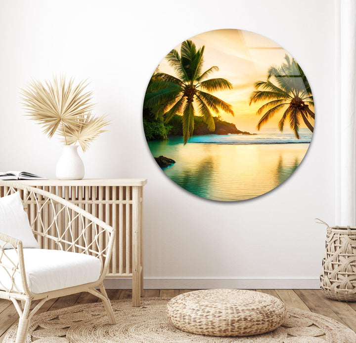 Sunset beach scene with swaying palms and a tranquil ocean.
