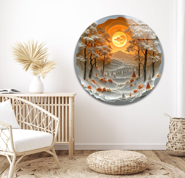 Large glass wall decor showcasing a multi-layered forest with intricate details.
