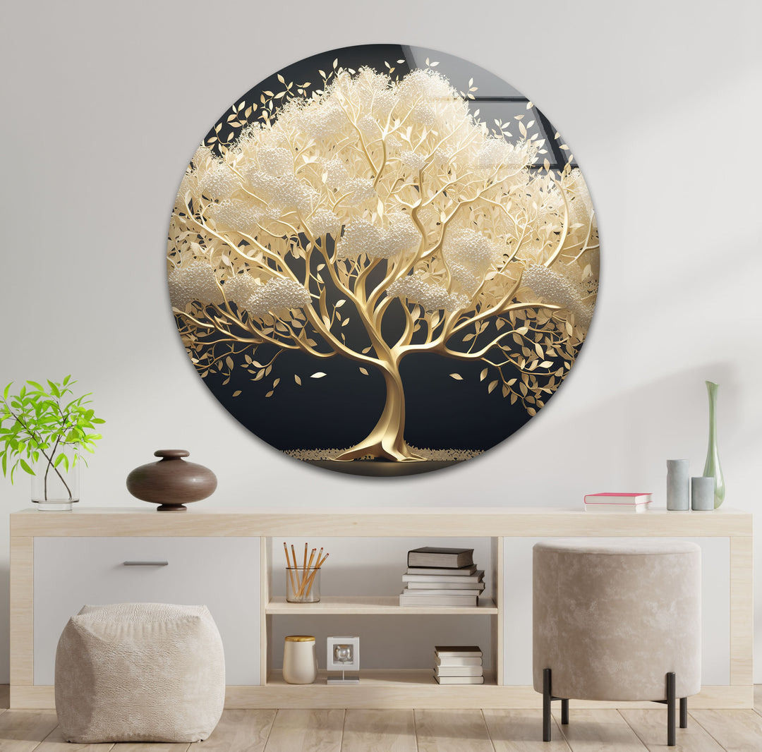 Plush ottomans and a light wood console with decor anchor the foreground below the Golden Serenity Tree glass wall art prints.