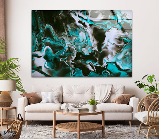 A striking green and black abstract alcohol ink glass wall art piece dominates the room, adding bold home decor.
