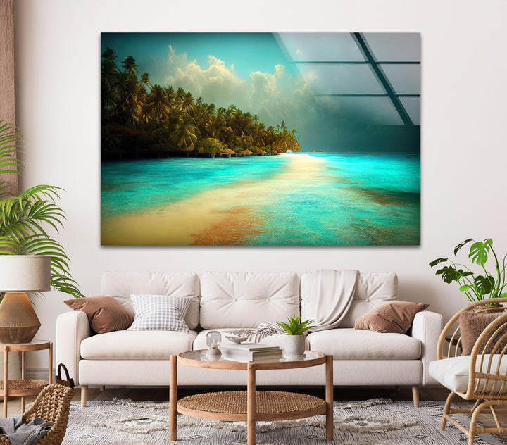 Luxury beach resort view with a peaceful ocean and tropical palm trees.
