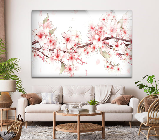 This soft, warm-toned tempered glass wall art features delicate watercolor cherry blossoms, bringing a gentle glow to any space.