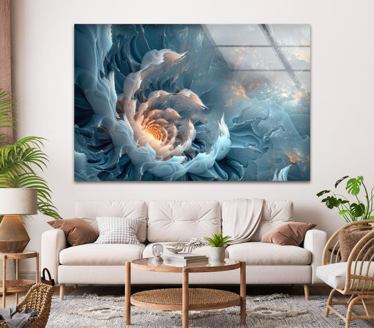 The brightest glowing center of this abstract glass wall art emanates light and energy into the swirling blue forms.