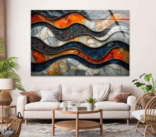 Abstract print wall art with ample white space, highlighting a colorful mosaic glass piece with dark gray accents.