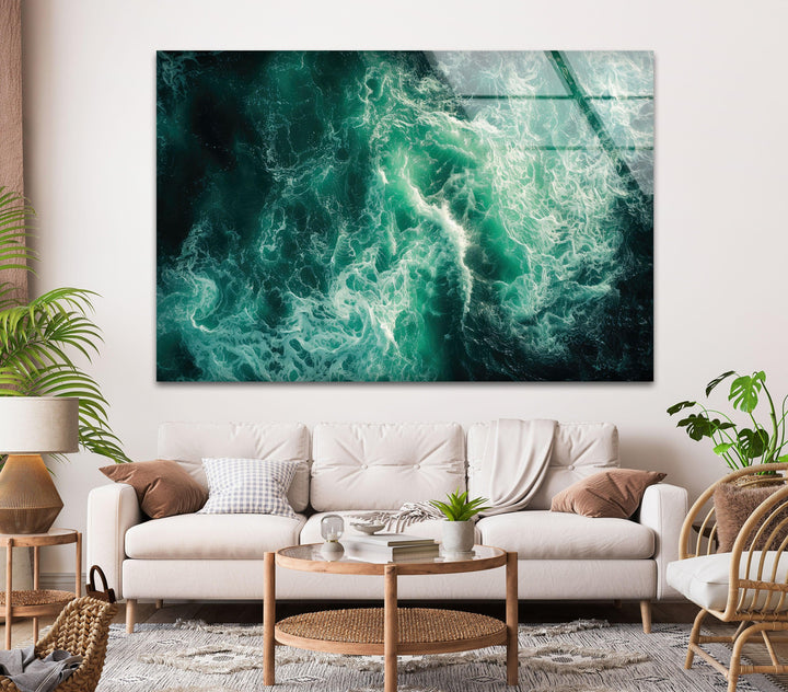 Large glass wall decor of a turbulent sea, perfect for modern interiors.
